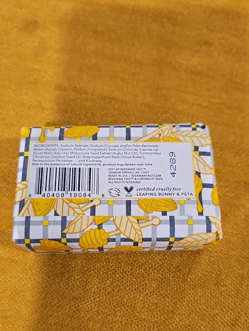 Beekman 1802 Almond Honey Cookie Goat Milk Soap with Yellow and White Design